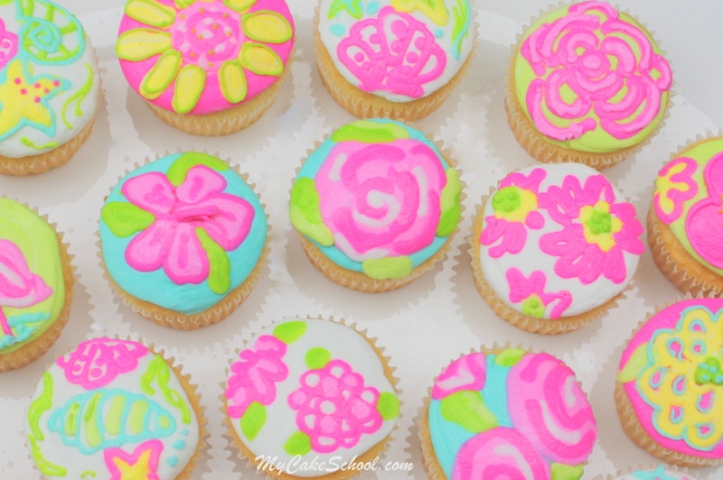 Bright and Cheerful Buttercream Cupcake Tutorial! Lilly Pulitzer Inspired. Free Tutorial by MyCakeSchool.com. Online Cake Decorating Tutorials, Videos, and Recipes! 