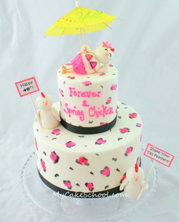 Forever a Spring Chicken! Adorable cake tutorial by MyCakeSchool.com, and perfect for milestone birthdays! 