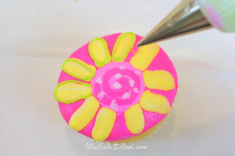 Bright and Cheerful Buttercream Cupcake Tutorial! Lilly Pulitzer Inspired. Free Tutorial by MyCakeSchool.com. Online Cake Decorating Tutorials, Videos, and Recipes! 