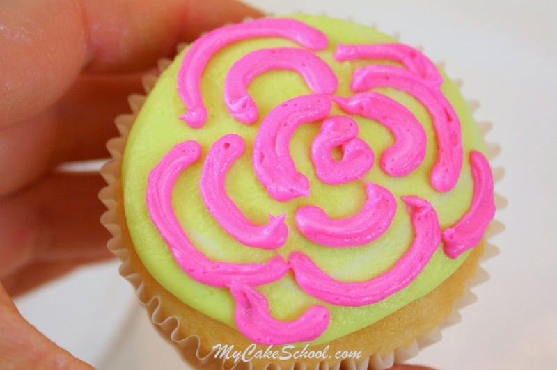 Bright and Cheerful Buttercream Cupcake Tutorial! Lilly Pulitzer Inspired. Free Tutorial by MyCakeSchool.com. Online Cake Decorating Tutorials, Videos, and Recipes! 