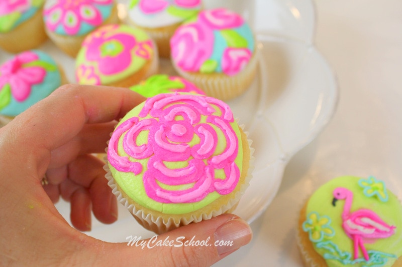 Bright and Cheerful Buttercream Cupcake Tutorial! Lilly Pulitzer Inspired. Free Tutorial by MyCakeSchool.com. Online Cake Decorating Tutorials, Videos, and Recipes! 