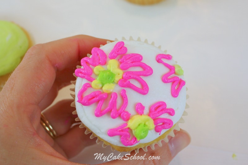 Bright and Cheerful Buttercream Cupcake Tutorial! Lilly Pulitzer Inspired. Free Tutorial by MyCakeSchool.com. Online Cake Decorating Tutorials, Videos, and Recipes! 