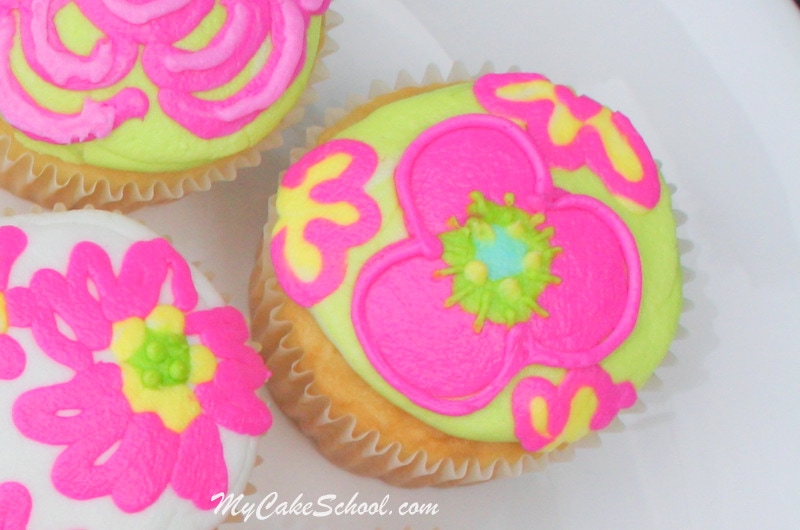 Bright and Cheerful Buttercream Cupcake Tutorial! Lilly Pulitzer Inspired. Free Tutorial by MyCakeSchool.com. Online Cake Decorating Tutorials, Videos, and Recipes! 