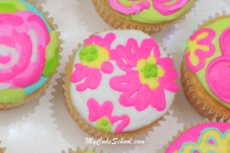 Bright and Cheerful Buttercream Cupcake Tutorial! Lilly Pulitzer Inspired. Free Tutorial by MyCakeSchool.com. Online Cake Decorating Tutorials, Videos, and Recipes! 