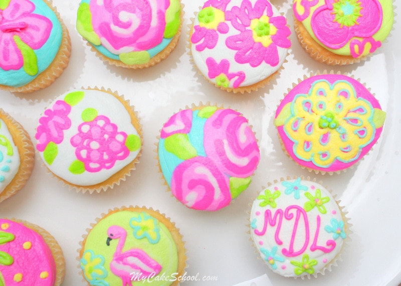 Bright and Cheerful Buttercream Cupcake Tutorial! Lilly Pulitzer Inspired. Free Tutorial by MyCakeSchool.com. Online Cake Decorating Tutorials, Videos, and Recipes! 