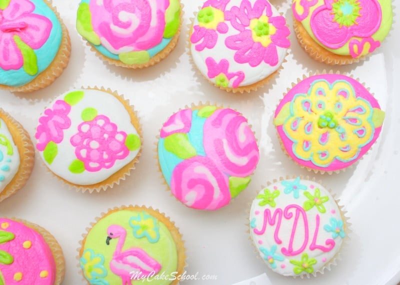 Bright and Cheerful Buttercream Cupcake Tutorial! Lilly Pulitzer Inspired. Free Tutorial by MyCakeSchool.com. Online Cake Decorating Tutorials, Videos, and Recipes! 