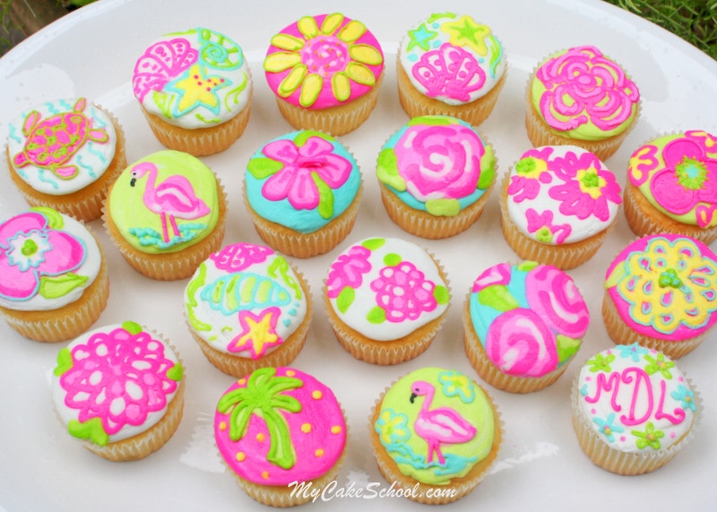 Bright and Cheerful Buttercream Cupcake Tutorial! Lilly Pulitzer Inspired. Free Tutorial by MyCakeSchool.com. Online Cake Decorating Tutorials, Videos, and Recipes! 