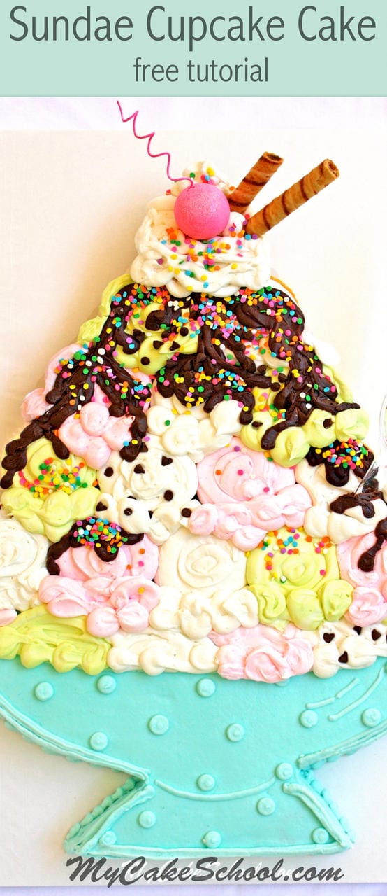 Giant Ice Cream Sundae Cupcake Cake! A free tutorial by MyCakeSchool.com. Perfect for summer! Cute and simple Buttercream Sundae Cupcake Cake Tutorial by MyCakeSchool.com! This pull-apart cupcake design is perfect for summer birthday parties and gatherings! MyCakeSchool.com.