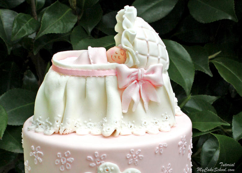Elegant baby bassinet cake topper! Tutorial by MyCakeSchool.com. Learn cake decorating online!