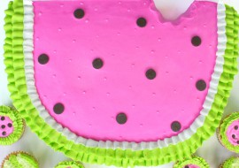 Adorable Watermelon Cake Tutorial with Matching Cupcakes! Free tutorial by MyCakeSchool.com. Perfect for summer birthdays and gatherings!