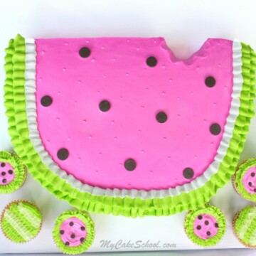 Adorable Watermelon Cake Tutorial with Matching Cupcakes! Free tutorial by MyCakeSchool.com. Perfect for summer birthdays and gatherings!