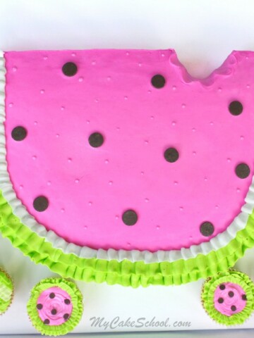 Adorable Watermelon Cake Tutorial with Matching Cupcakes! Free tutorial by MyCakeSchool.com. Perfect for summer birthdays and gatherings!