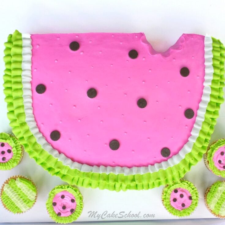 Adorable Watermelon Cake Tutorial with Matching Cupcakes! Free tutorial by MyCakeSchool.com. Perfect for summer birthdays and gatherings!