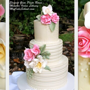 Learn how to make gum paste roses in this MyCakeSchool.com video tutorial! (Also featuring a cake frosted in white chocolate ganache.) My Cake School online cake classes, tutorials, recipes, and more!