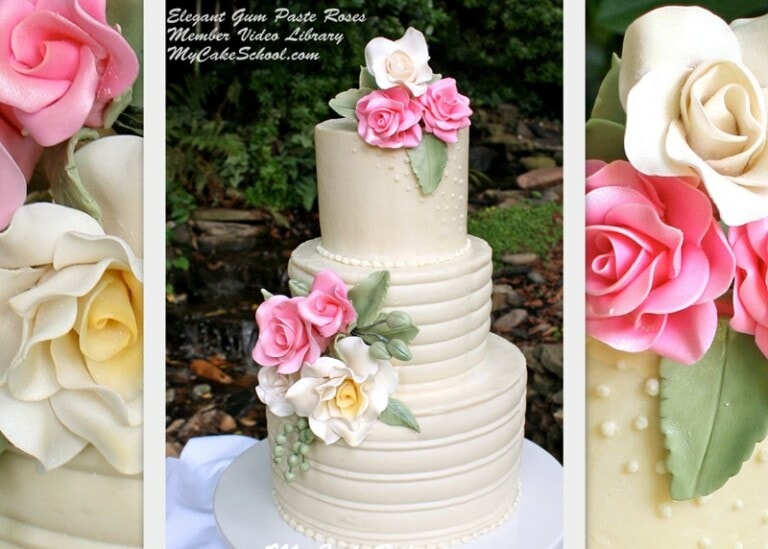 Learn how to make gum paste roses in this MyCakeSchool.com video tutorial! (Also featuring a cake frosted in white chocolate ganache.) My Cake School online cake classes, tutorials, recipes, and more!