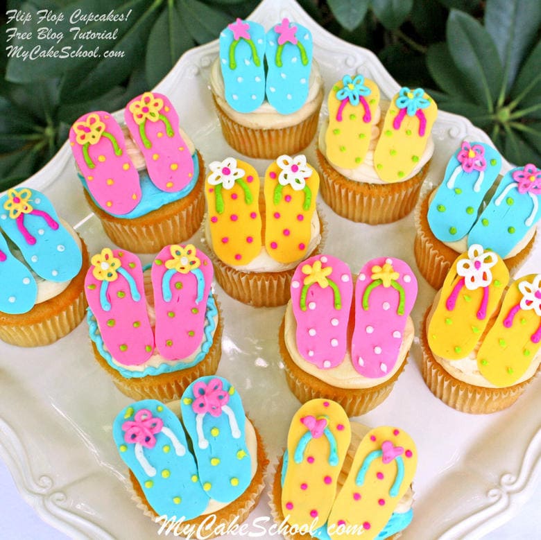 Learn to make adorable Flip Flop Cupcake Toppers in this Free Cupcake Tutorial by MyCakeSchool.com! Perfect for summer birthdays and pool parties!