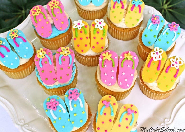 Free Flip Flop Cupcake Tutorial by MyCakeSchool.com! So simple and perfect for summer! My Cake School cake tutorials, recipes, and more!