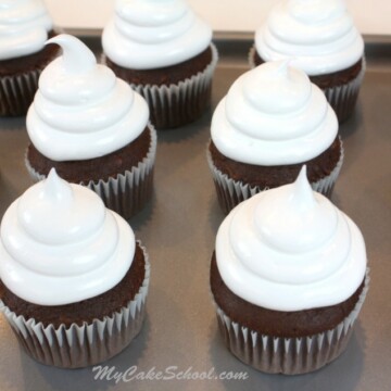 Billowy Fluffy White Frosting Recipe by MyCakeSchool.com. A twist on traditional 7 minute frosting, but simpler! Perfect for cakes, cupcakes, and hi hats! MyCakeSchool.com online cake tutorials, videos, and more.