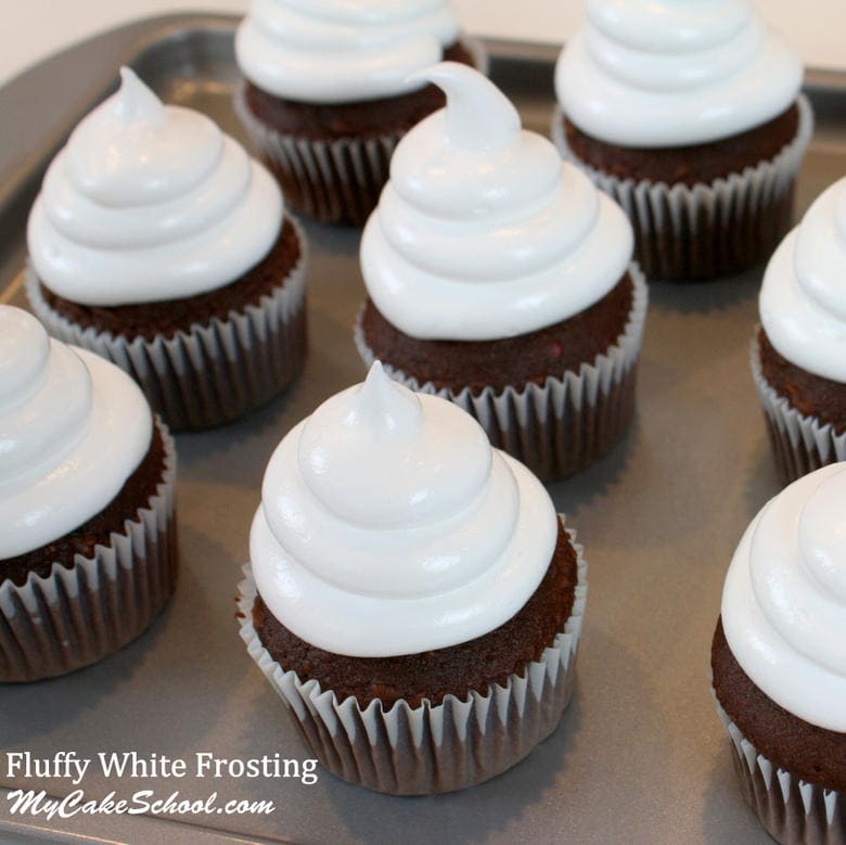 We LOVE this Fluffy White Frosting! It's a twist on the traditional 7 minute frosting. SO delicious for cakes and cupcakes! MyCakeSchool.com Online Cake Videos, Tutorials, and Recipes!