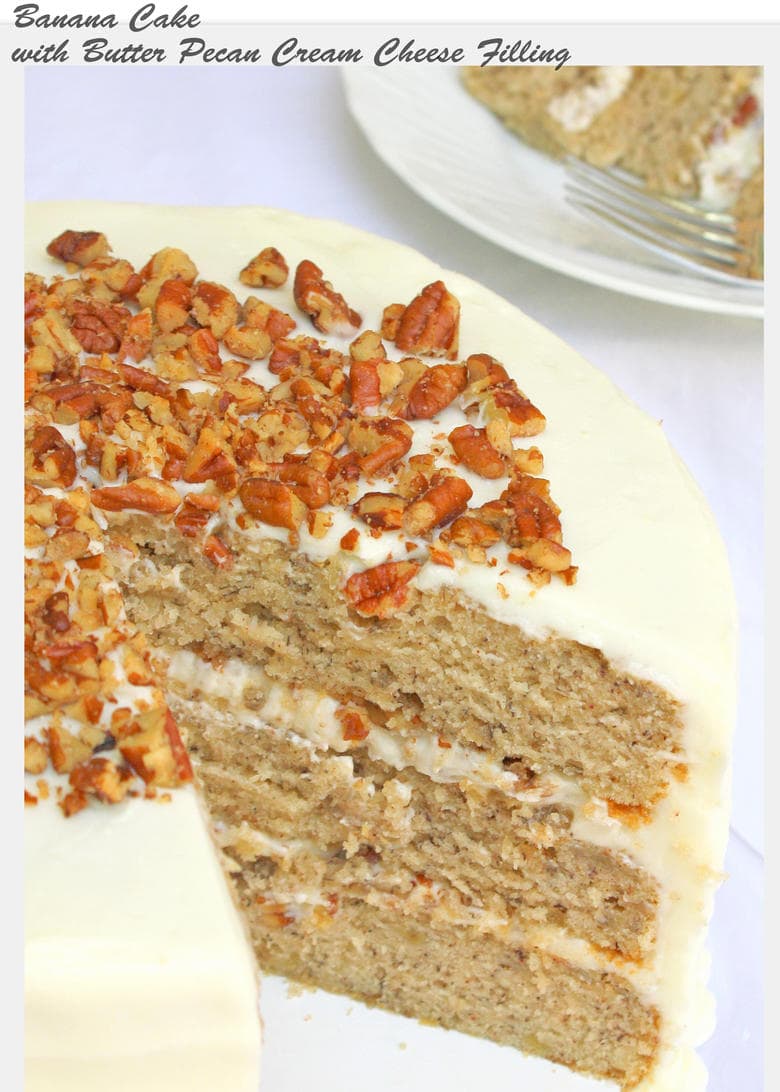 Delicious and Moist Banana Cake with Butter Pecan Cream Cheese Filling! MyCakeSchool.com Online Cake Tutorials, Videos, Recipes, and more!