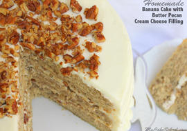 Delicious Banana Cake with Butter Pecan Cream Cheese Filling! Recipe by MyCakeSchool.com. Online cake tutorials, recipes, videos, and more!