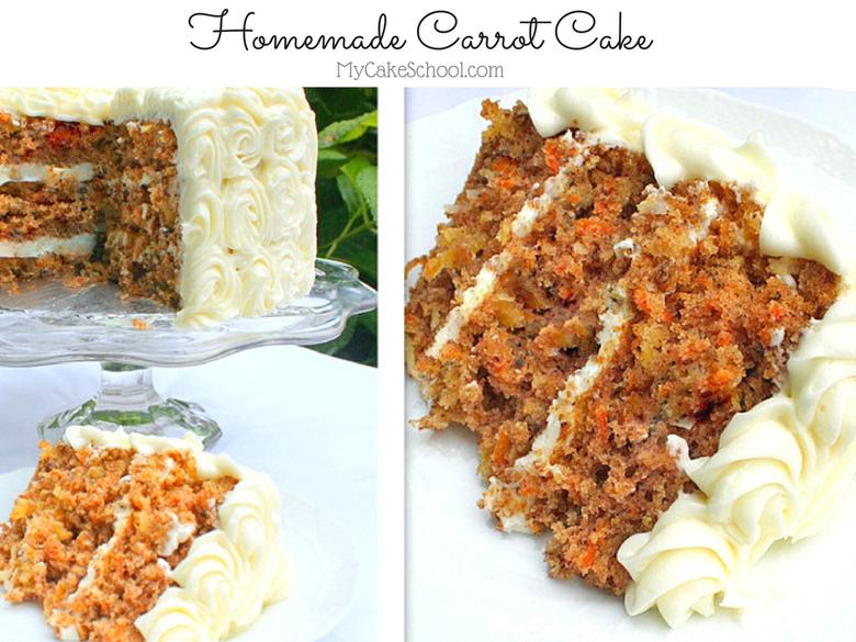 Homemade Carrot Cake Recipe by MyCakeSchool.com! So moist and delicious with carrots, pineapple, nuts, coconut, and spices! YUM! 