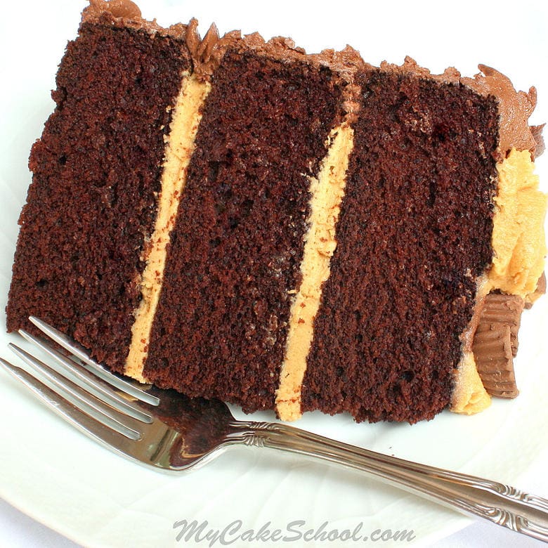 Delicious Peanut Butter and Chocolate Cake Recipe by MyCakeSchool.com! This is cake is always a crowd pleaser! MyCakeSchool.com cake recipes, cake tutorials, and more!