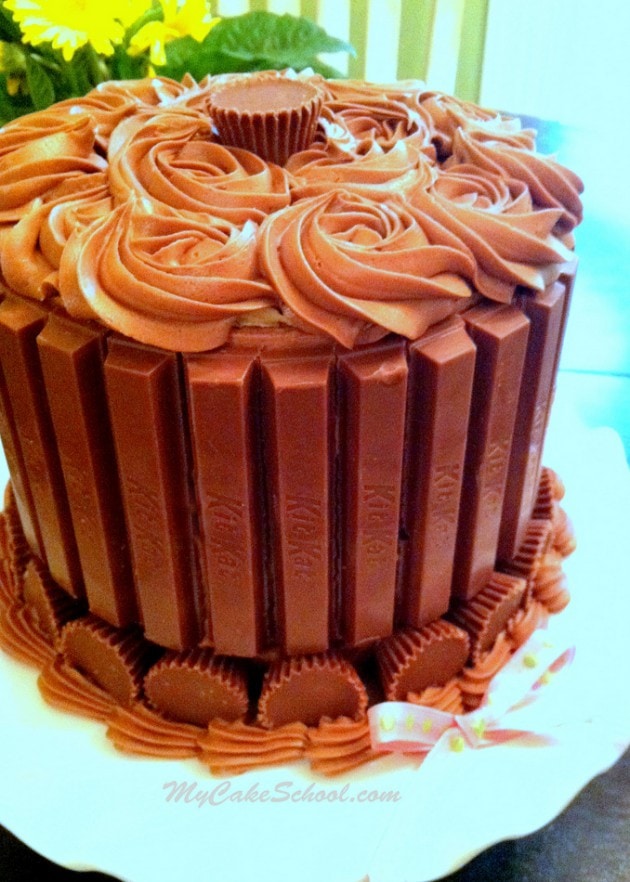 Kit Kat Cake with Reese's Cups! Such a fun Chocolate Cake design! Easy cake tutorial by MyCakeSchool.com!