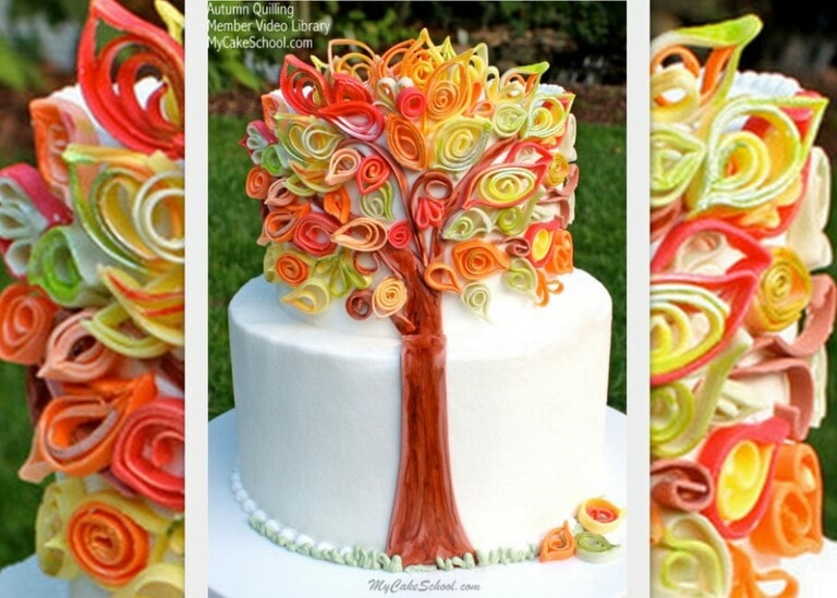 Gorgeous Fall Cake featuring fondant quilling! Member Cake Video Tutorial by MyCakeSchool.com!