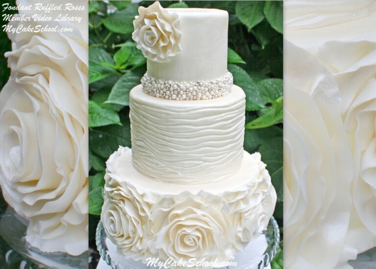 Elegant Fondant Ruffled Rose Cake Tutorial by MyCakeSchool.com, with beaded accents and textured fondant. Online Cake Tutorials and Recipes! MyCakeSchool.com.