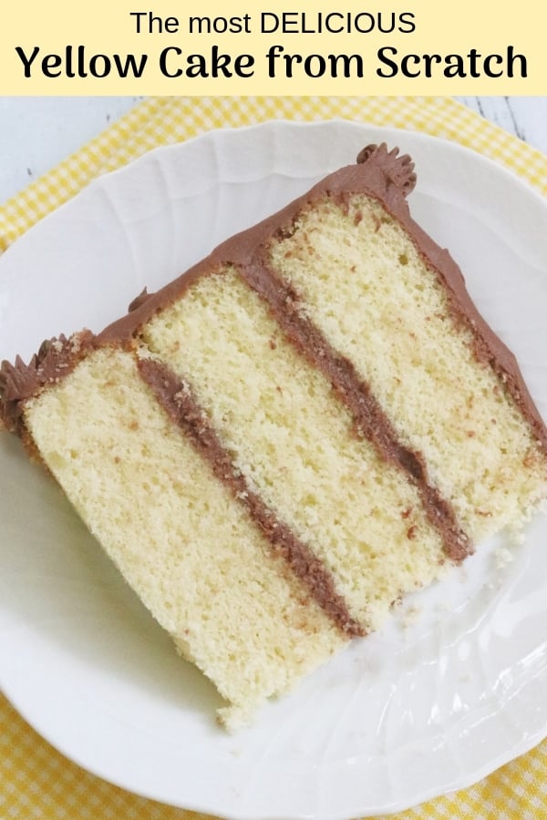 Closeup of a slice of Yellow Layer Cake from Scratch