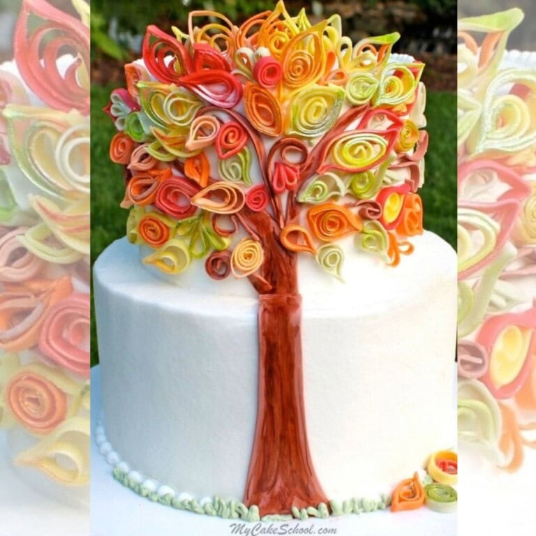 Fondant Quilling-Autumn-Cake on a pedestal.