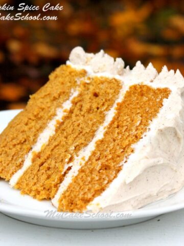 Everyone loves this super moist and flavorful Pumpkin Spice Cake with Spiced Cream Cheese Frosting! MyCakeSchool.com.