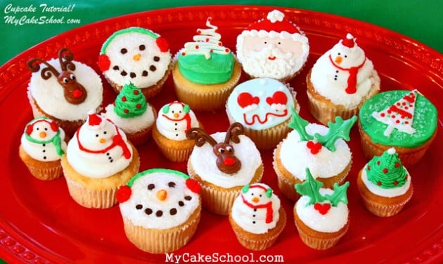 The cutest assortment of Christmas and winter themed cupcakes! A cupcake video tutorial by MyCakeSchool.com!