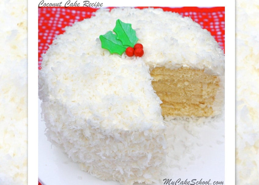 Coconut layer cake covered in shredded coconut with a slice on a plate.