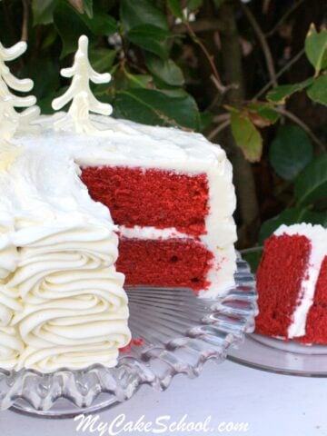 The most DELICIOUS scratch Red Velvet Cake Recipe! MyCakeSchool.com.