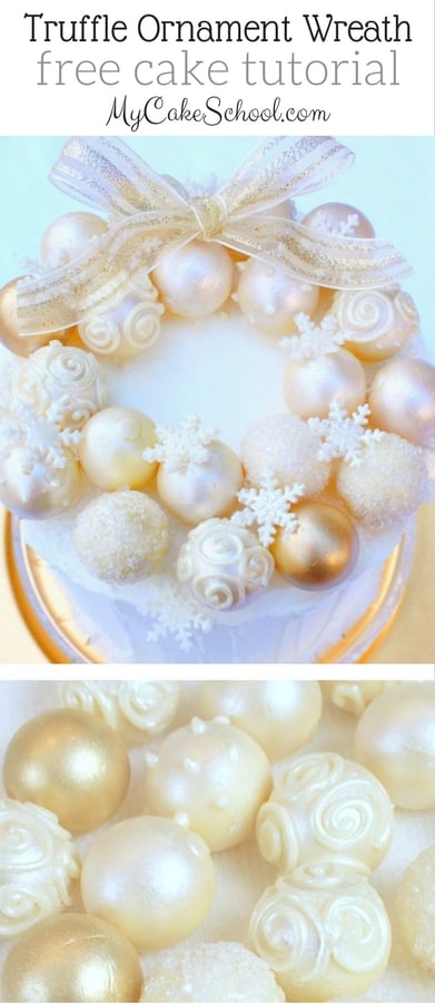 Elegant Ornament Wreath Cake- Free Tutorial by MyCakeSchool.com! This is so beautiful and simple to create! Perfect for Christmas Parties!