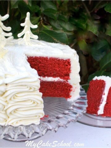 Red Velvet Cake, sliced, on a cake plate.