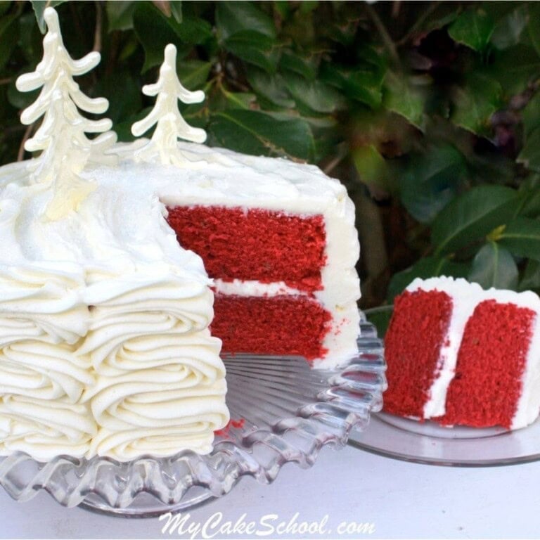 Red Velvet Cake, sliced, on a cake plate.