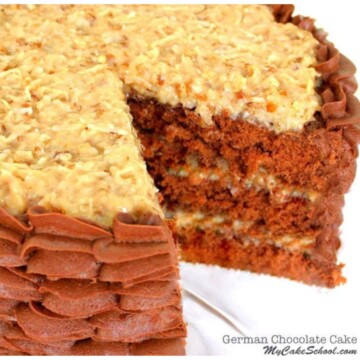 Closeup of sliced German Chocolate Cake.