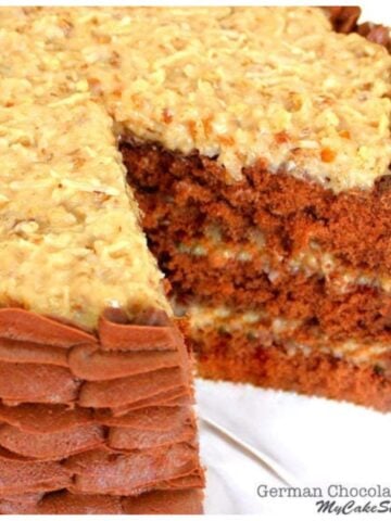 Closeup of sliced German Chocolate Cake.