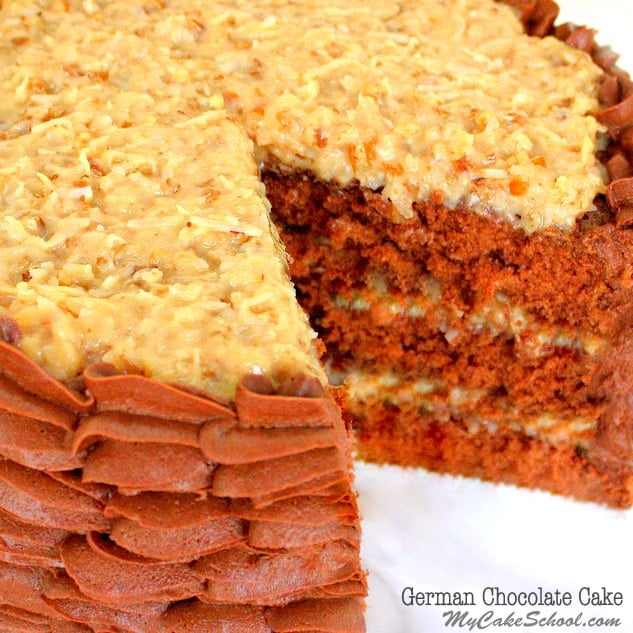 Moist and delicious German Chocolate Cake from Scratch Recipe by MyCakeSchool.com. Online Cake Tutorials & Recipes.
