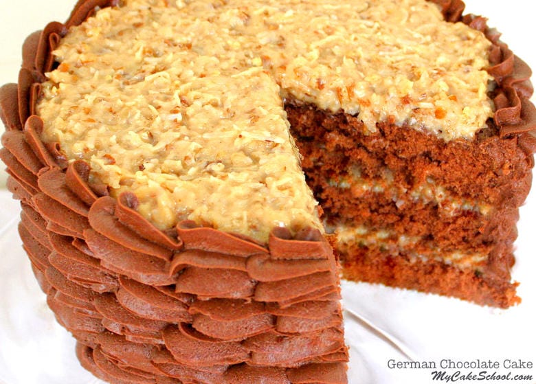 The BEST German Chocolate Cake recipe from scratch! Moist German chocolate cake layers with a flavorful coconut pecan filling! MyCakeSchool.com online cake tutorials, recipes, videos, and more!