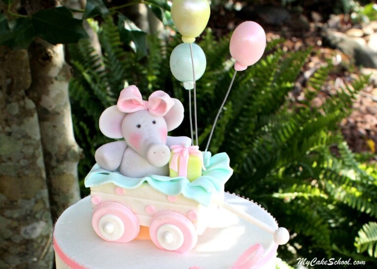 Sweet Elephant and Wagon Cake Topper and Buttercream Ruffle Video Tutorial by MyCakeSchool.com! Online cake classes and recipes!