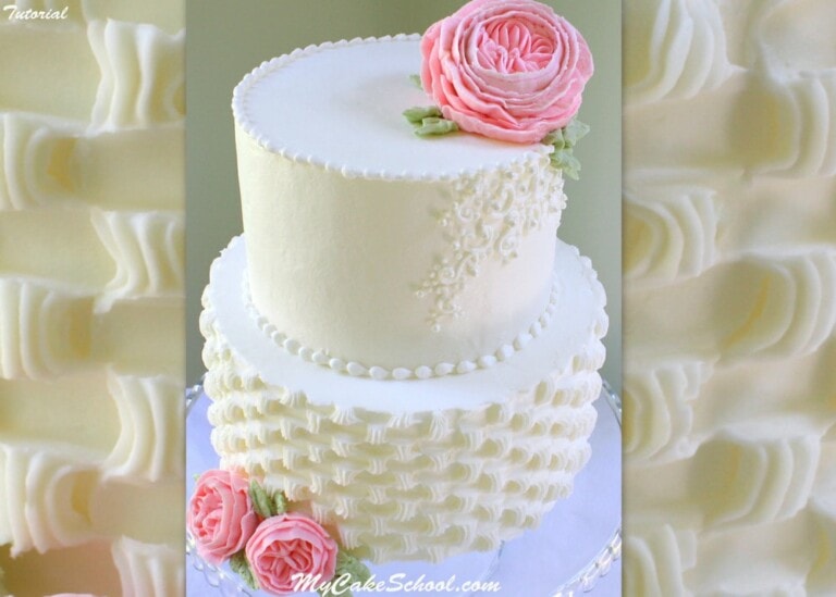 Learn to pipe a beautiful David Austin Rose and Contemporary Basketweave! MyCakeSchool.com Cake Video Tutorial!