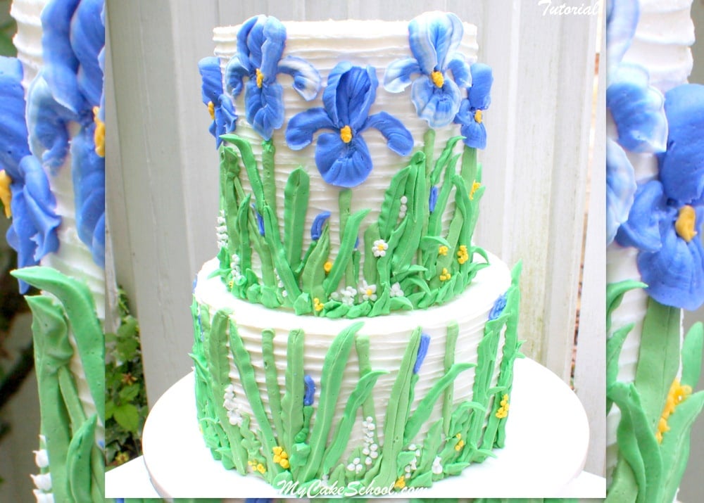 Two tiered cake decorated with purple buttercream irises