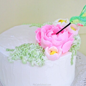 Beautiful Hummingbird Cake Topper Tutorial with Large Frosting Flowers! Video Tutorial by MyCakeSchool.com!