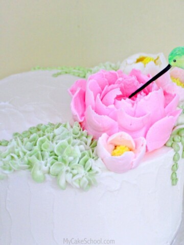 Beautiful Hummingbird Cake Topper Tutorial with Large Frosting Flowers! Video Tutorial by MyCakeSchool.com!