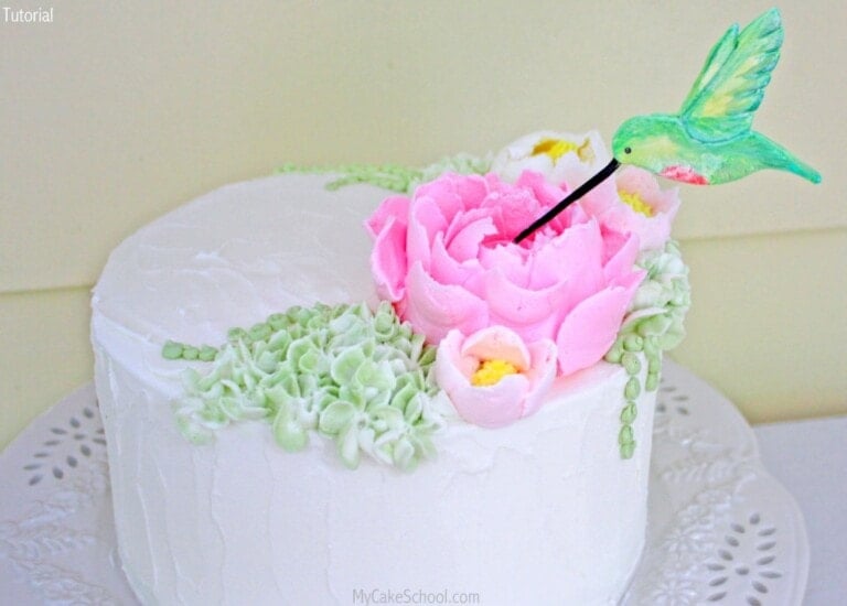 Beautiful Hummingbird Cake Topper Tutorial with Large Frosting Flowers! Video Tutorial by MyCakeSchool.com!