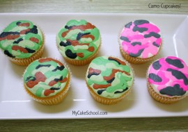 Learn to make camouflage cupcakes in this free cake decorating minute video tutorial by MyCakeSchool.com! Online Cake Tutorials, videos, and recipes!